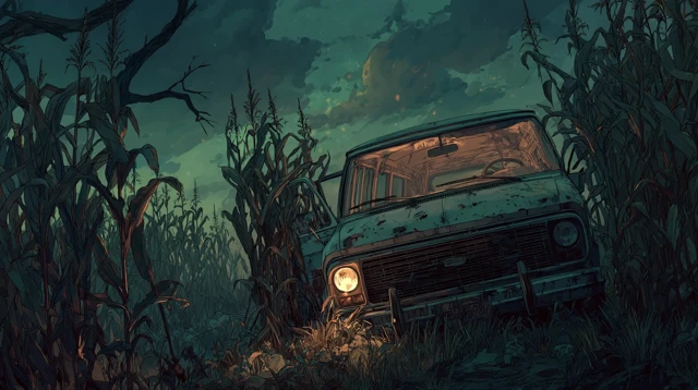 Van in Cornfield Illustration Frank Miller Style