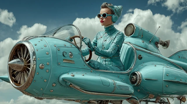 Retro Futuristic Girl Flying Aero Machine