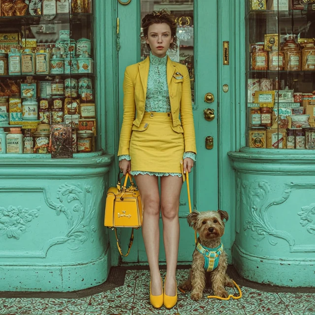 Woman and Dog Wes Anderson Style Photo Real