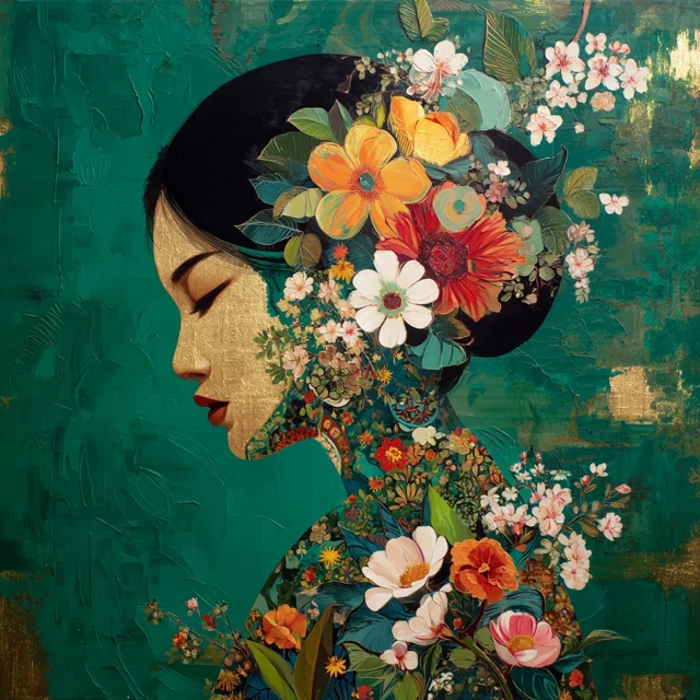 Geisha Painting with Sakura Flowers and Gold