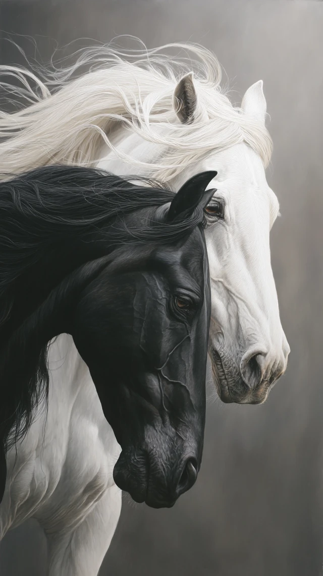 Black and White Horses Portrait: Detailed Art
