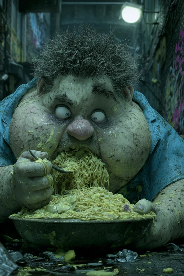 Gluttonous Man Devouring Spaghetti in Filthy Alley