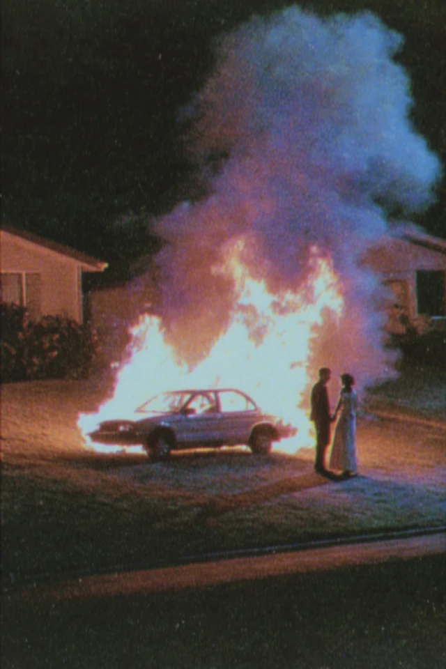 Burning Car Night Suburbs Couple