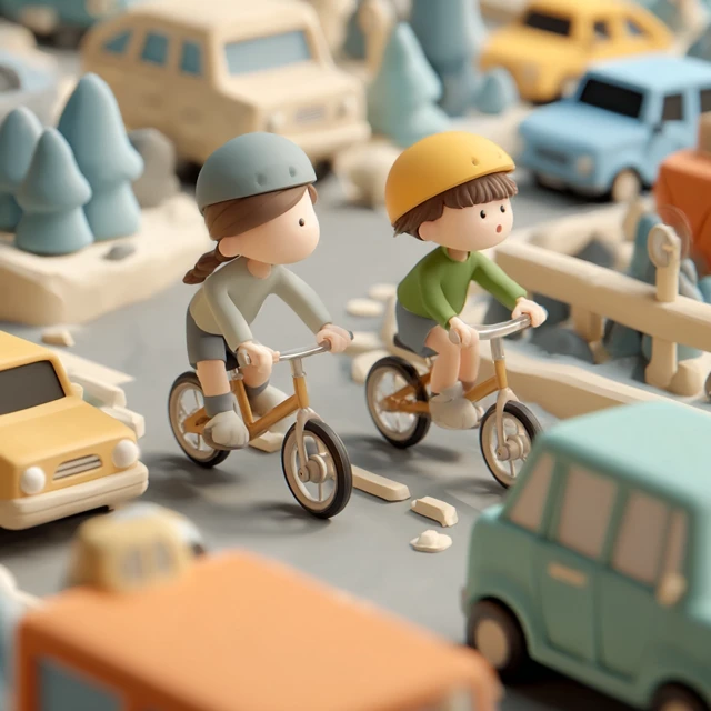 Children Cycling Near Cars Illustration