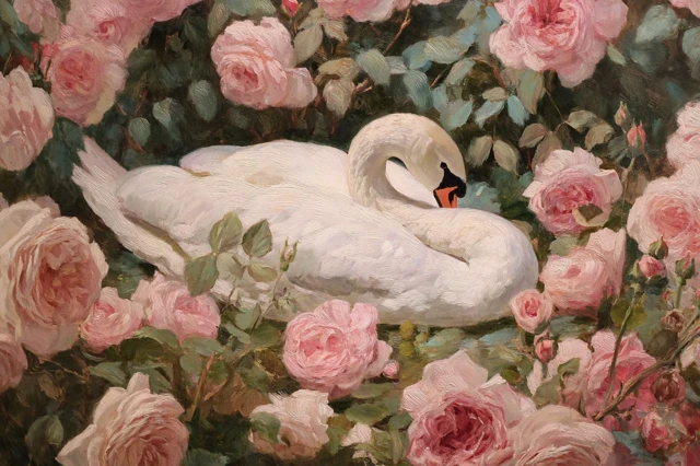 Swan and Roses Cottagecore Painting