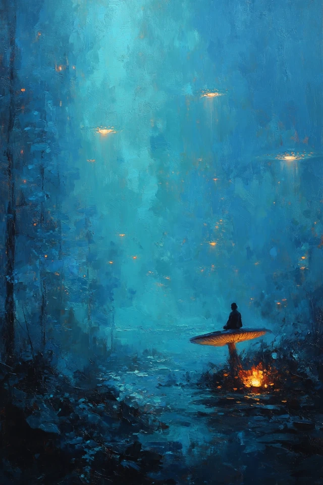 Mystical Oil Painting Woman Meditating Jungle UFOs