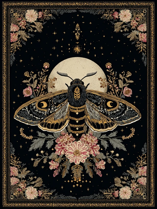 Vintage Moth Tapestry Celestial Art with Flowers