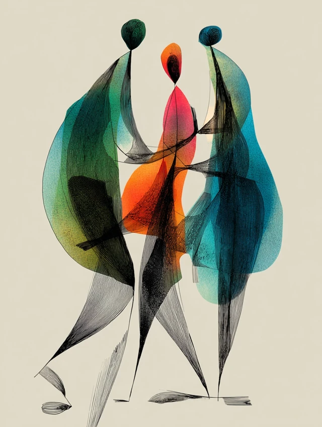 Abstract Dance Illustration Green Pink Orange Blue Colors