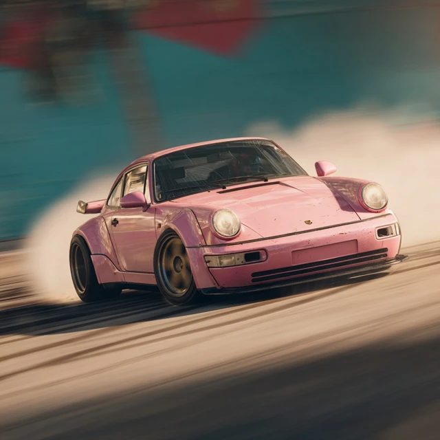 Pink Porsche Drifting Sideways at High Speed