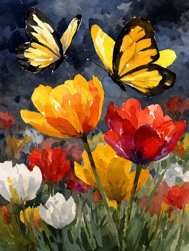 Butterflies and Tulips Watercolor Painting