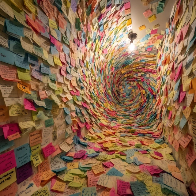 Sticky Note Swirl: Chaotic Art in a Workspace