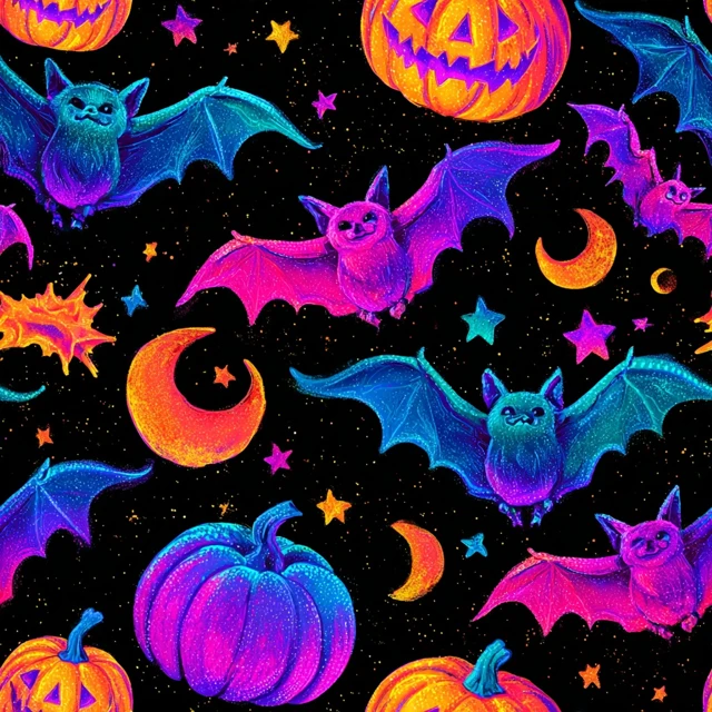 Halloween Bats and Pumpkins Neon Design