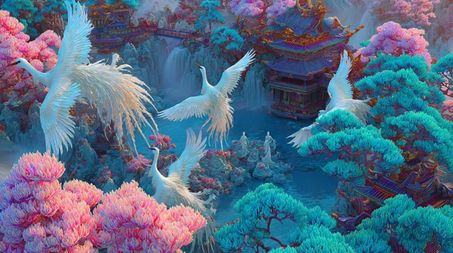 Chinese Mythology Peach Blossom Valley Scene Hyperrealism 8K