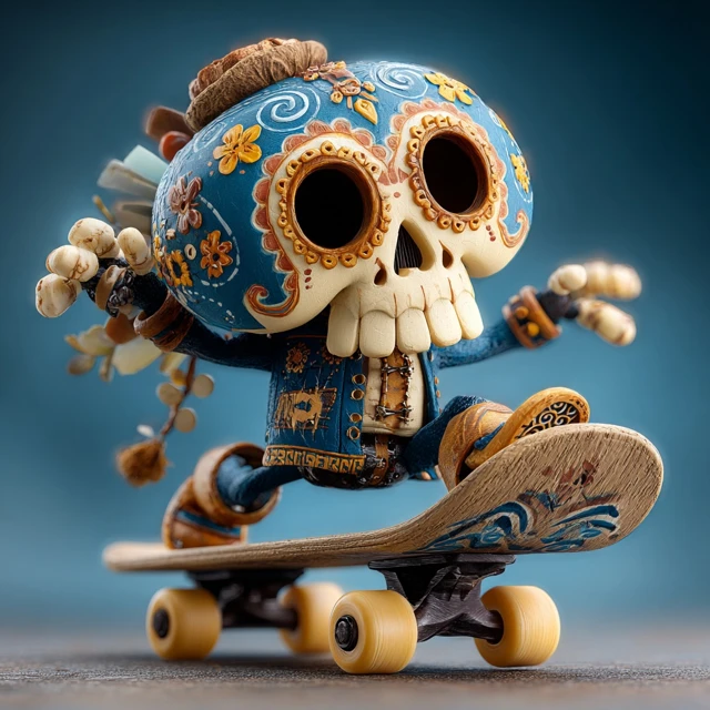 3D Mexican Skull Skateboarder Dia de los Muertos