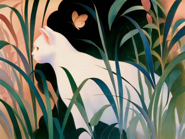 White Cat Chasing Butterfly Art