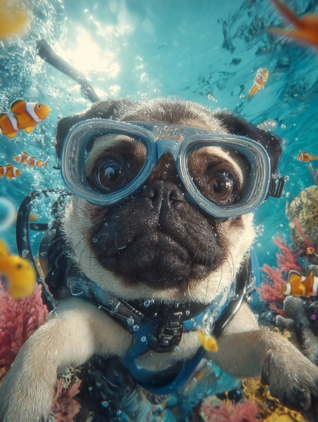 Underwater Pug Portrait Scuba Diving Adventure