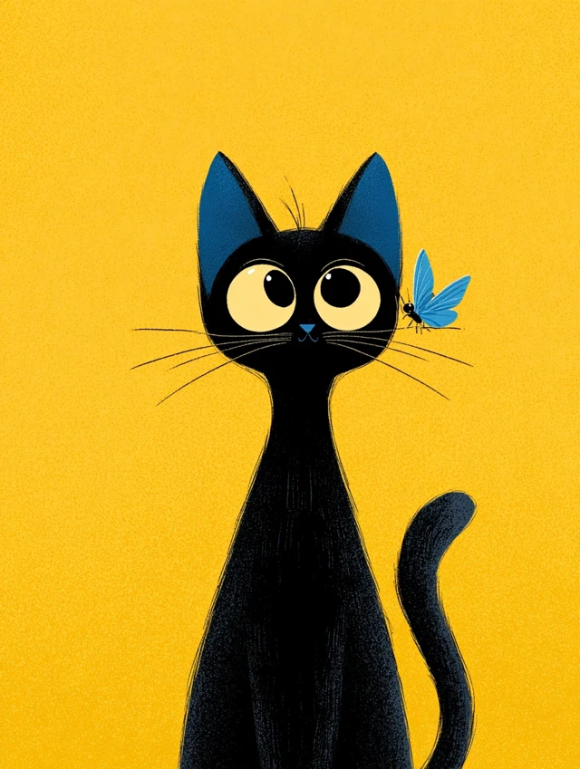 Cute Black Cat with Butterfly Illustration