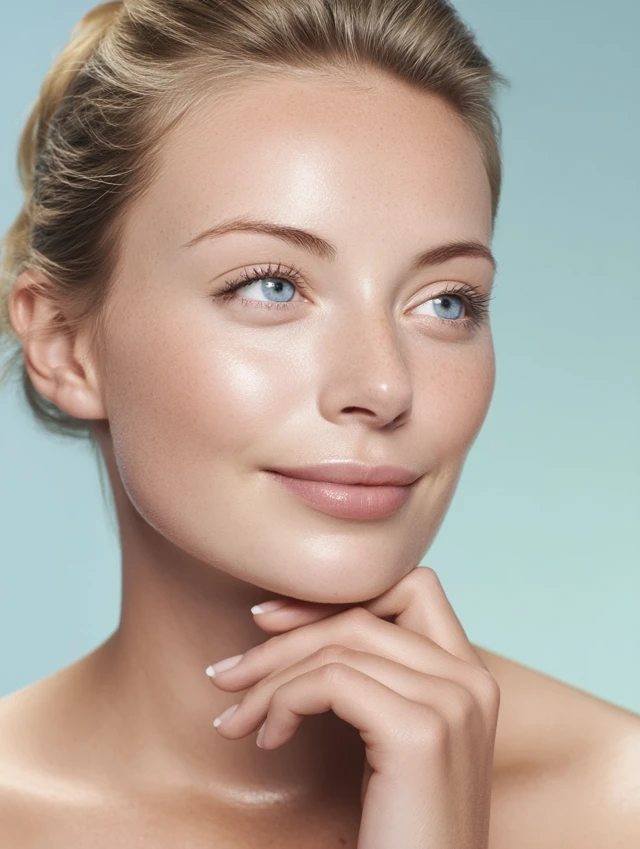 Beauty Model Showing Skincare Effect Light Blue Background