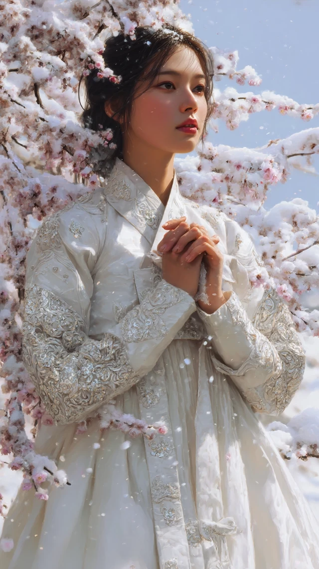 Korean Woman in Hanbok Under Plum Blossoms