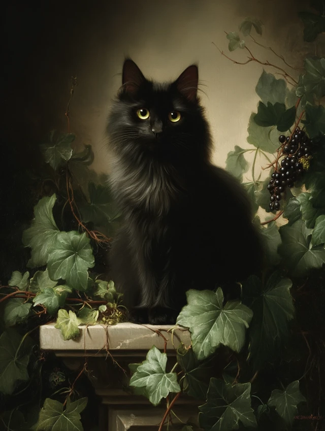 Black Cat Portrait in Classical Style Painting