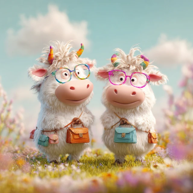 Cute Cow Couple in Meadow Pixar Style 3D Animation