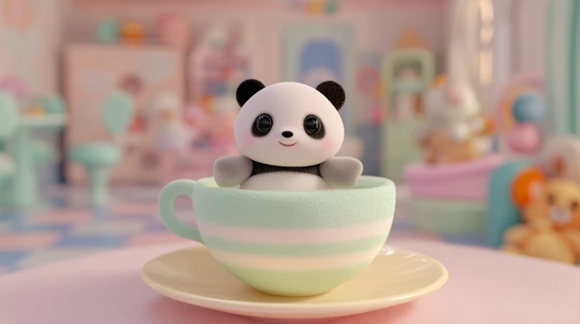 Kawaii 3D Panda in a Teacup Cute Cartoon Art