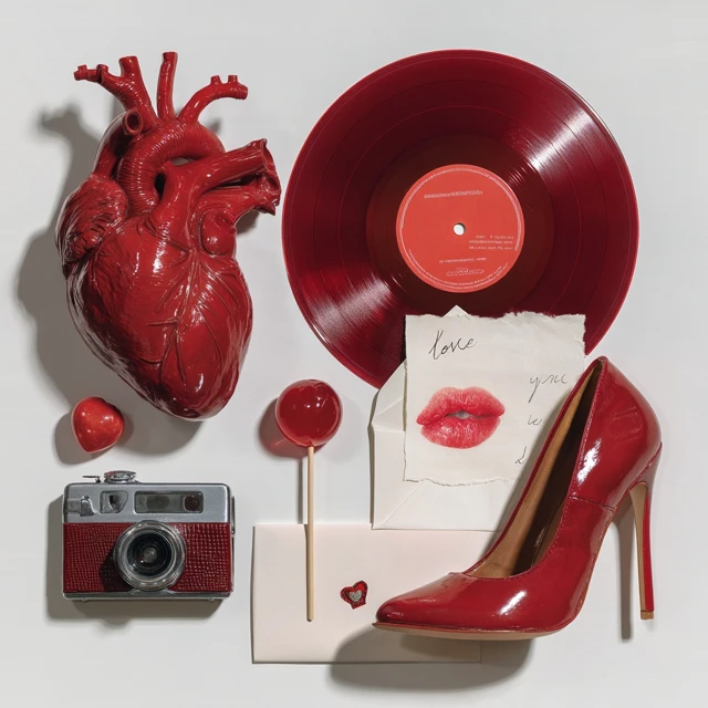 Red Themed Collage Love Letter Vinyl Record Heart Camera