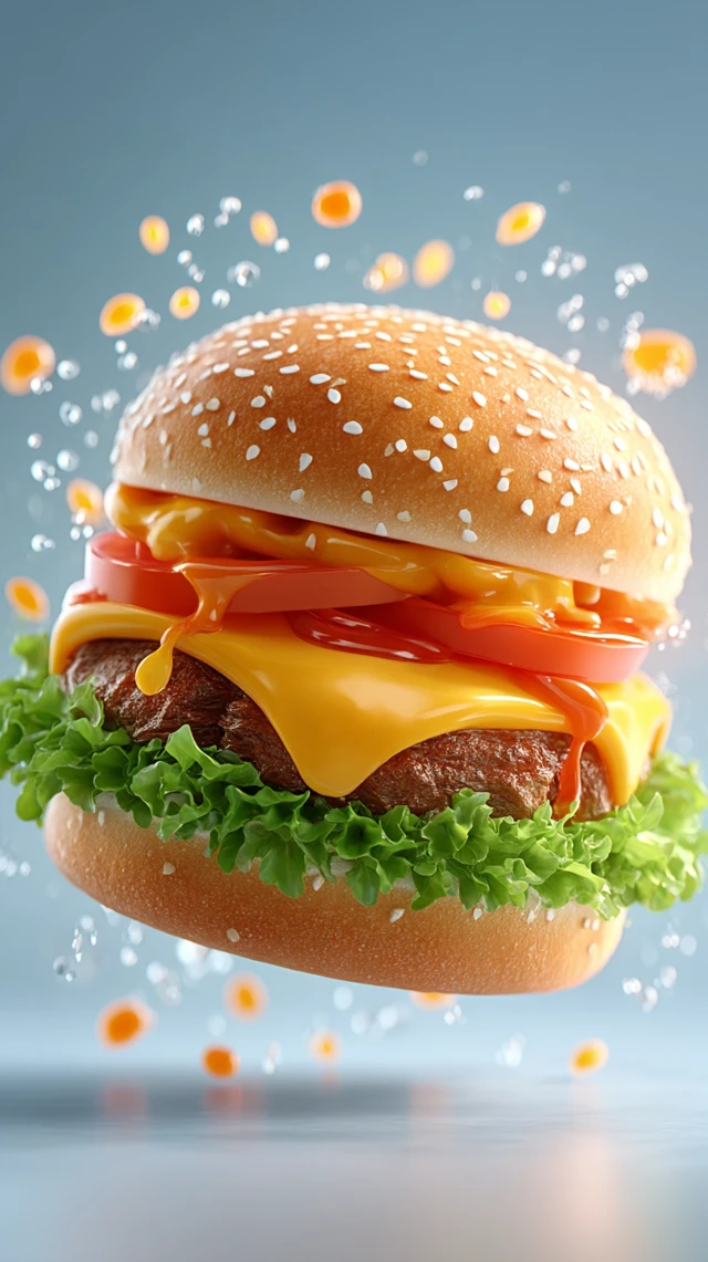 Delicious Burger Falling with Cheese and Tomato