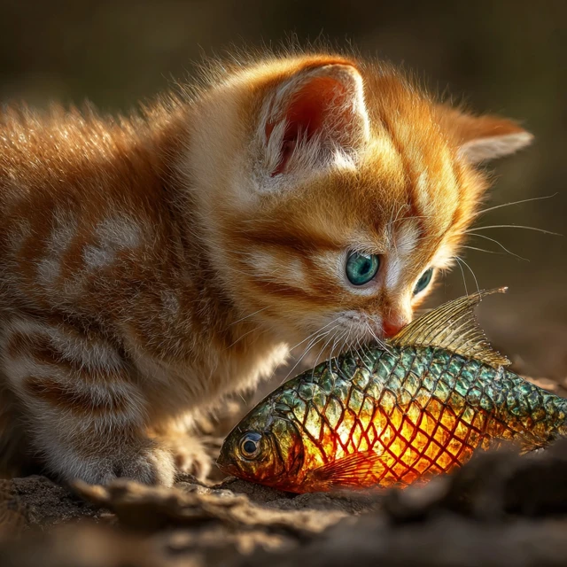 Tiny Kitten Confronts Giant Fish A Whimsical Scene
