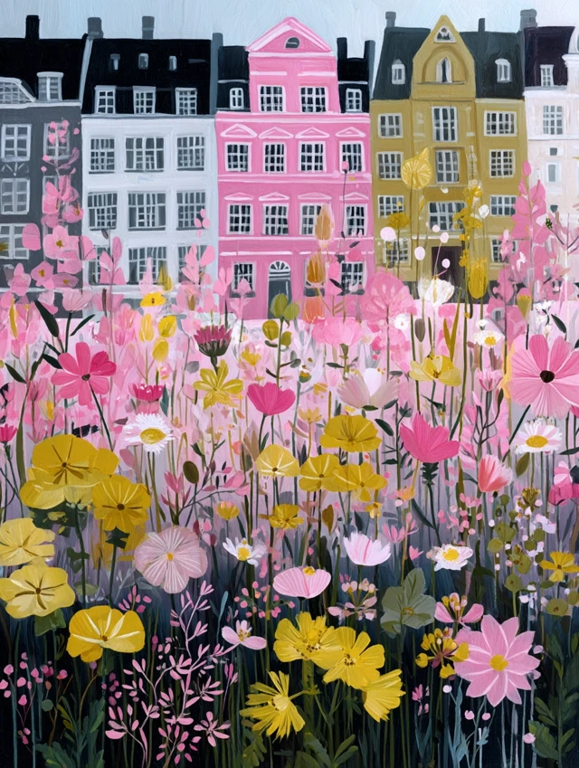 City Garden Painting: Copenhagen Buildings and Wildflowers