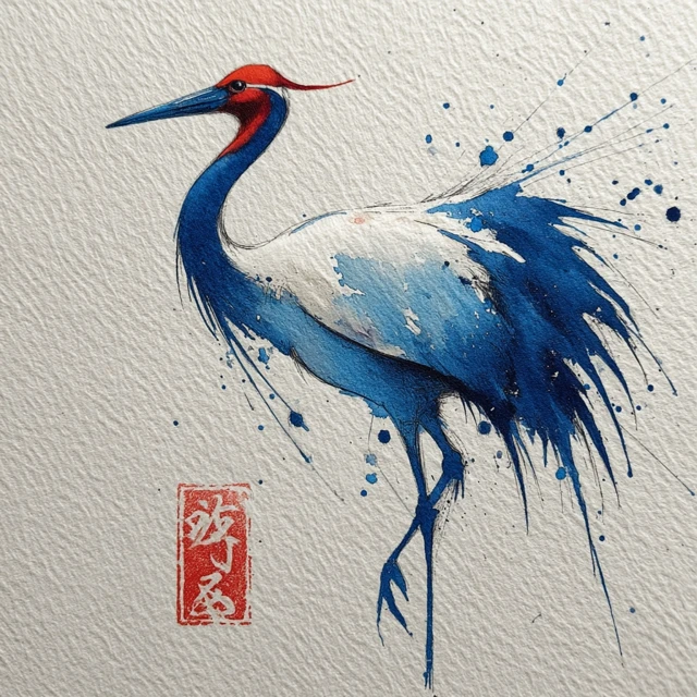 Indigo Crane Watercolor Art