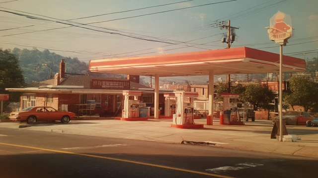 Realistic Gas Station Photo 90s Camera Style