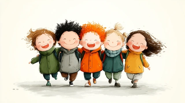 Cute Cartoon Kids Playing Together in the Schoolyard