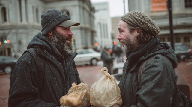 Sharing Food Kindness Homeless Man