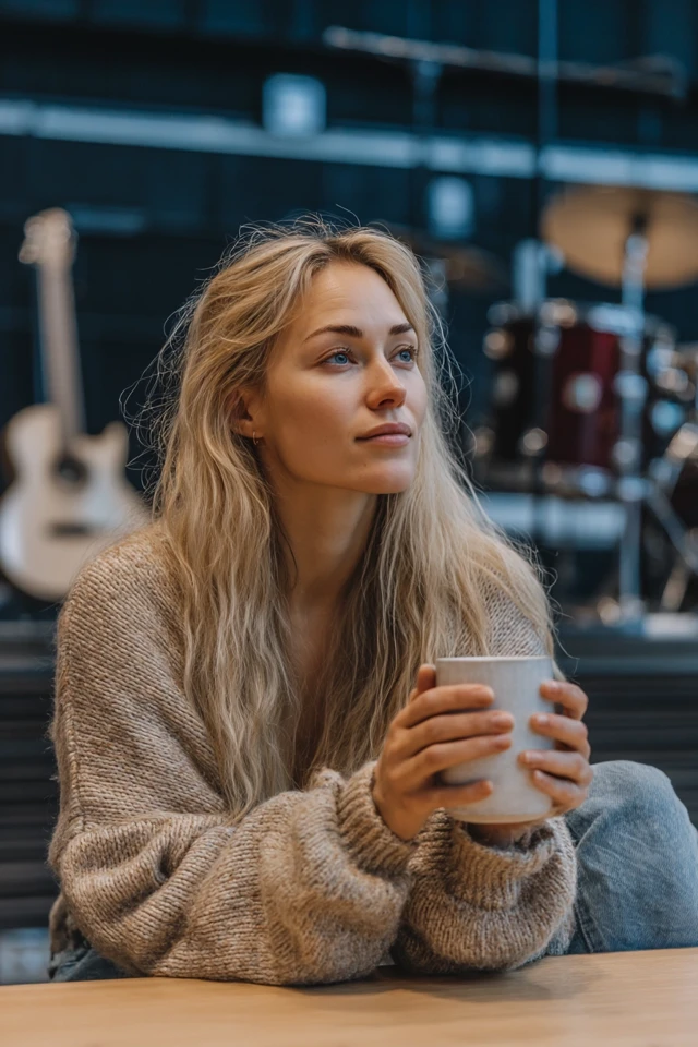 Young Woman with Coffee Thoughtful in Studio