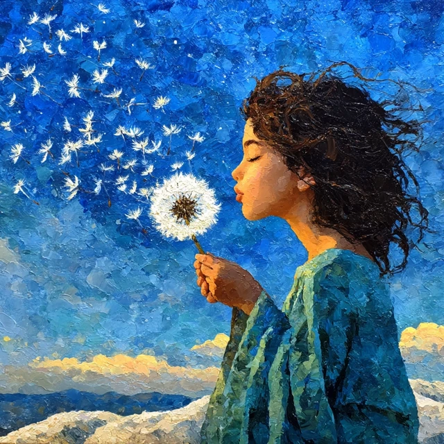 Oil Painting Child Blowing Dandelion Seeds