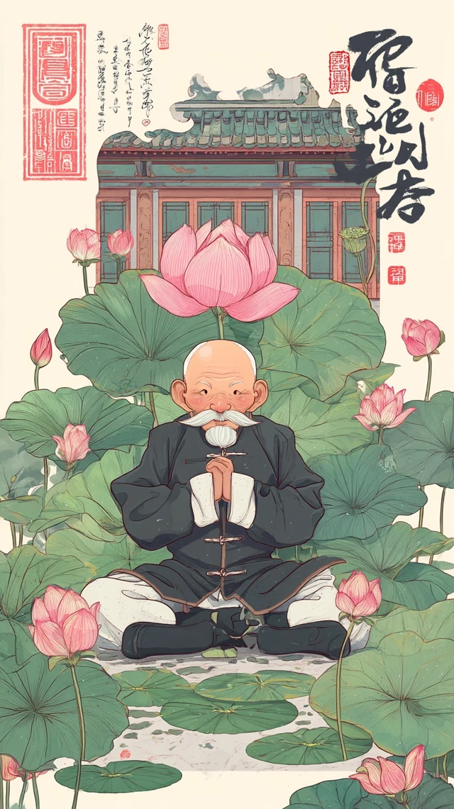 Chinese Art: Meditating Elder and Lotus Flowers