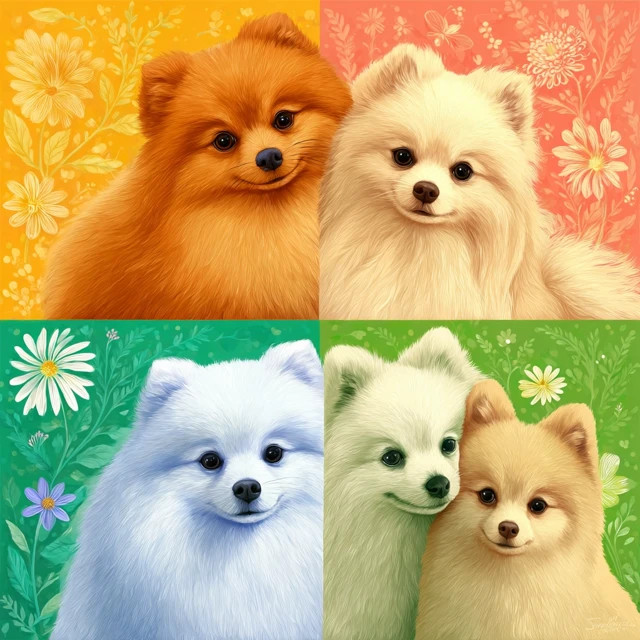 Pomeranian Dog Family Portrait with Flowers