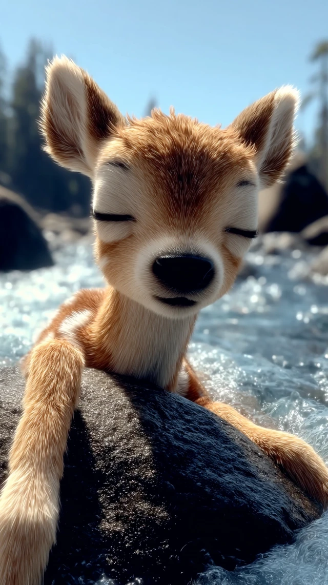 Fawn Stranded in River 3D Cartoon
