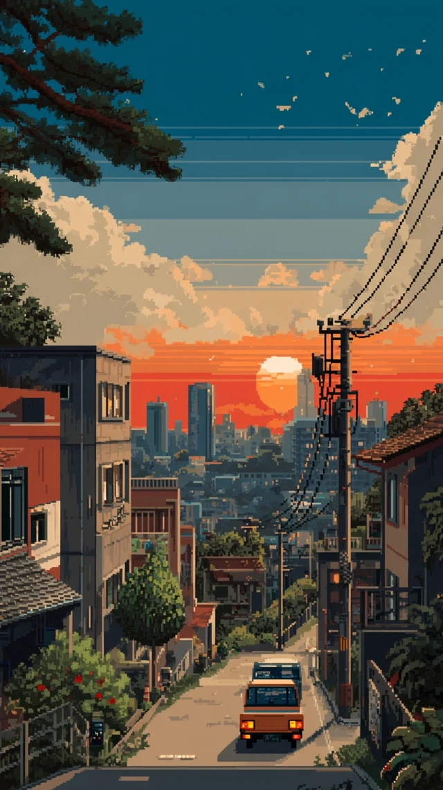 Pixel Art Japanese City Summer Sunset Scene
