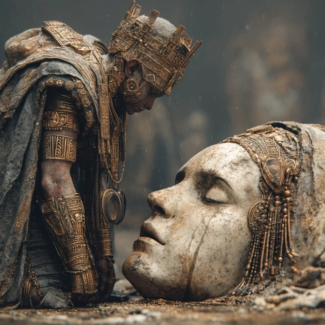 Priest Mourns Goddess Ancient Scene