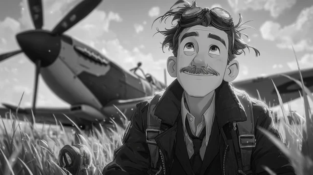 Vintage Pilot and Spitfire Airplane in Cartoon Style