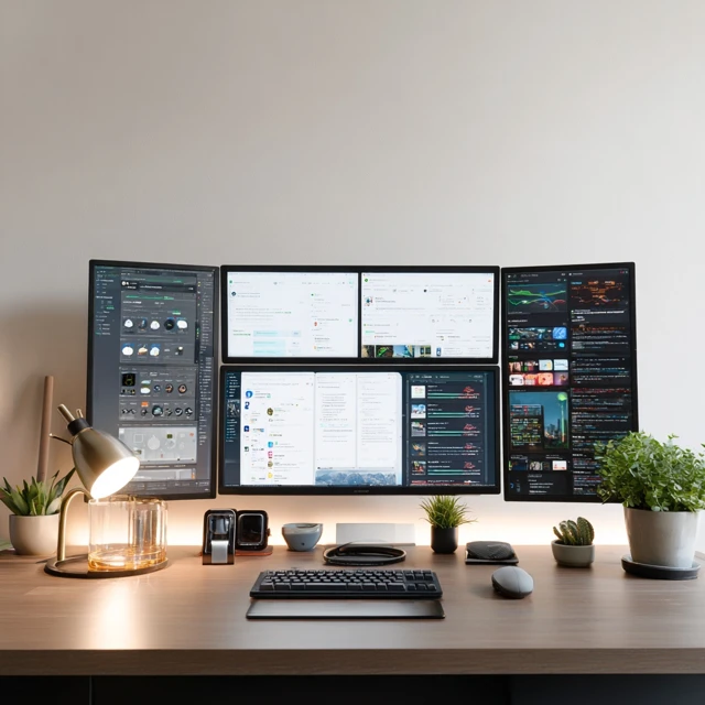 Modern Workspace with Multiple Monitors and Gadgets