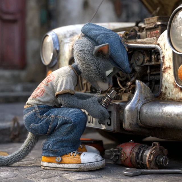 Cat Mechanic Fixing a Mercedes Car Realistic 3D