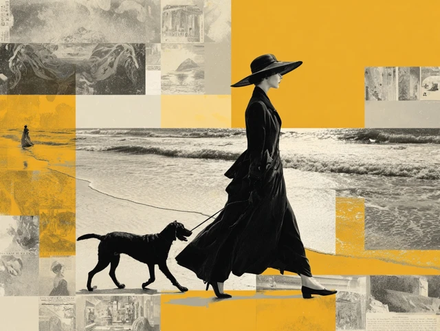 Art Deco Woman Walking Dog Illustration
