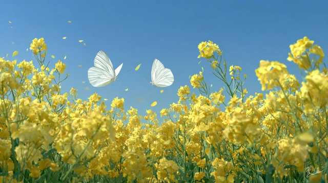 Rapeseed Field with Butterflies Spring Scene