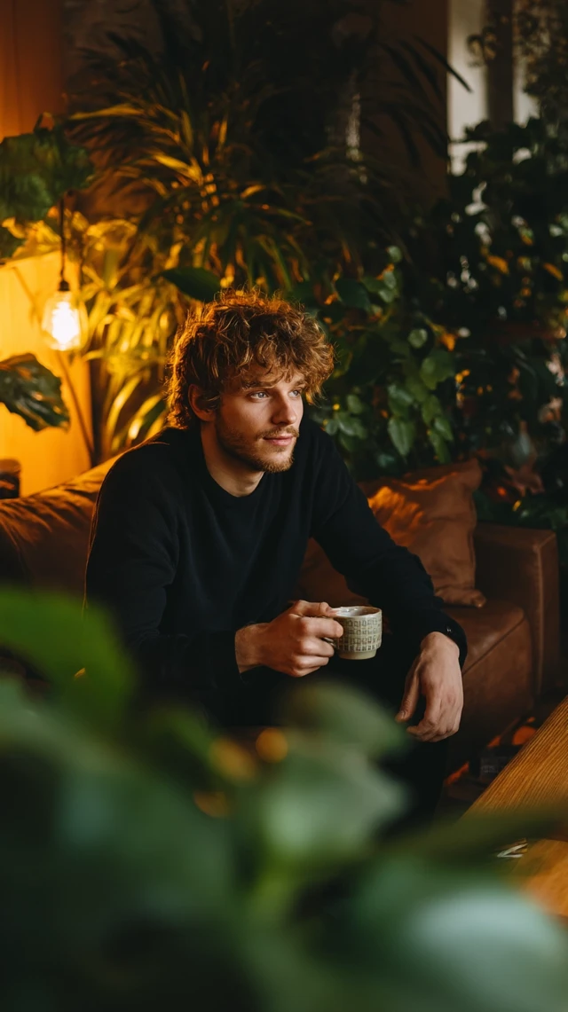 Man Relaxing in Cozy Living Room Drinking Coffee