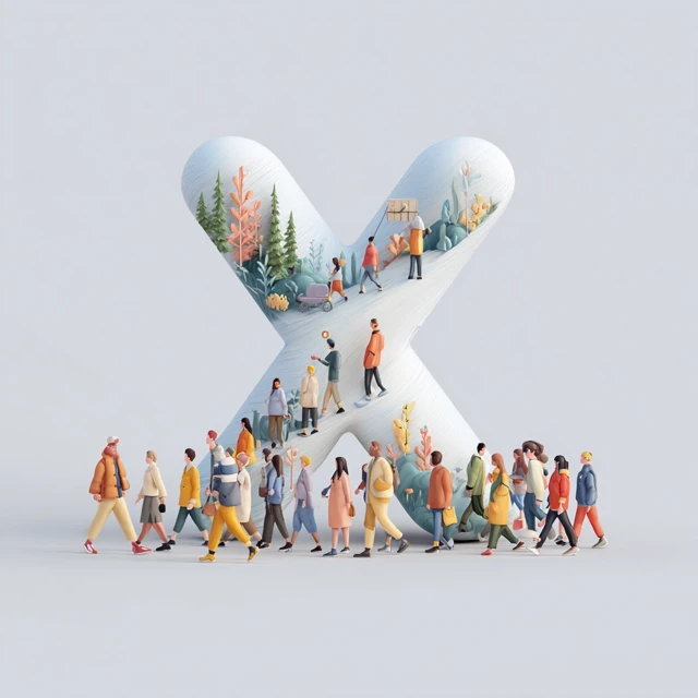 Letter X Illustration with People Walking Art Poster