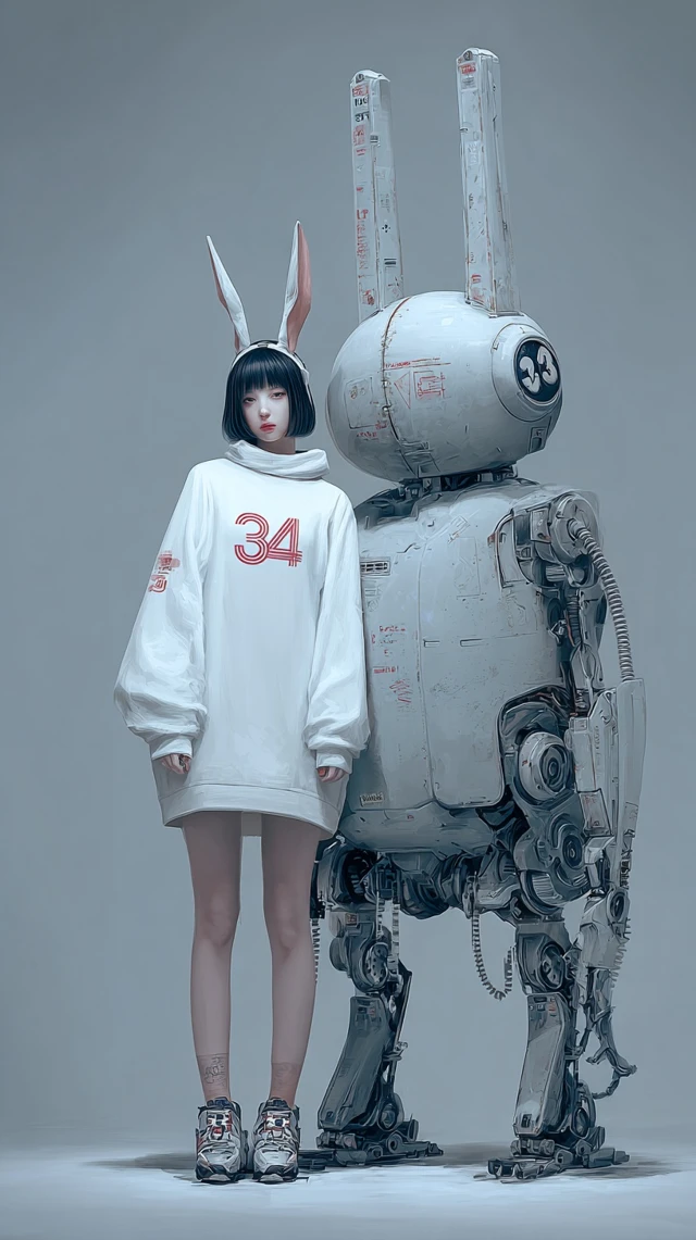 Cyberpunk Girl and Robot Companion Illustration