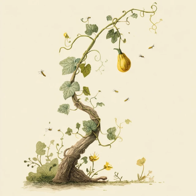 Vine Illustration with Gourd and Flies